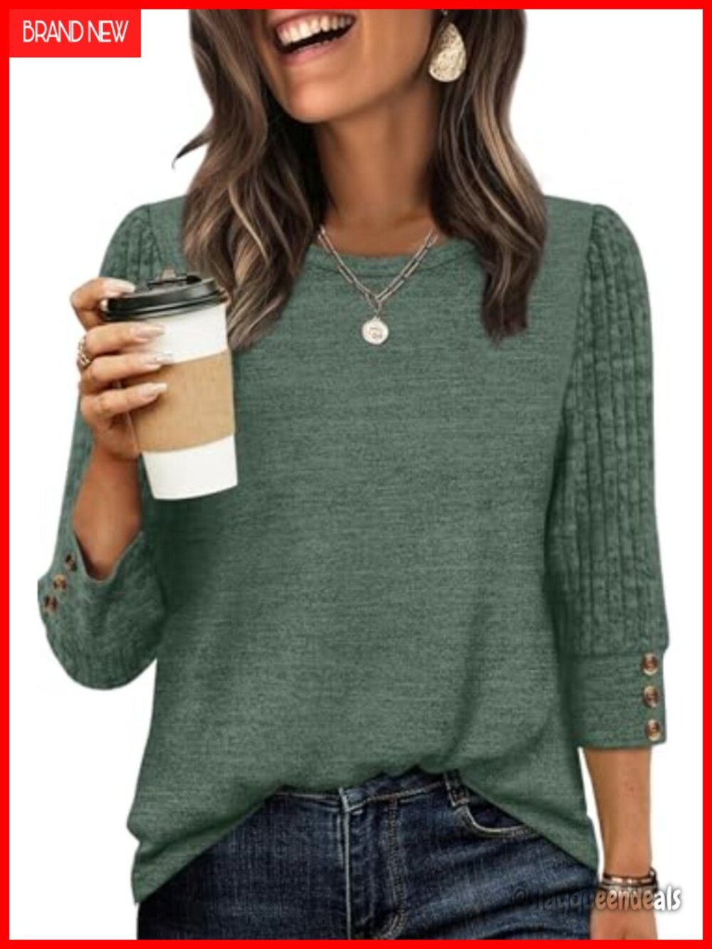 Womens 3/4 Sleeve Button Tunic Sweater Lightweight Casual Blouse